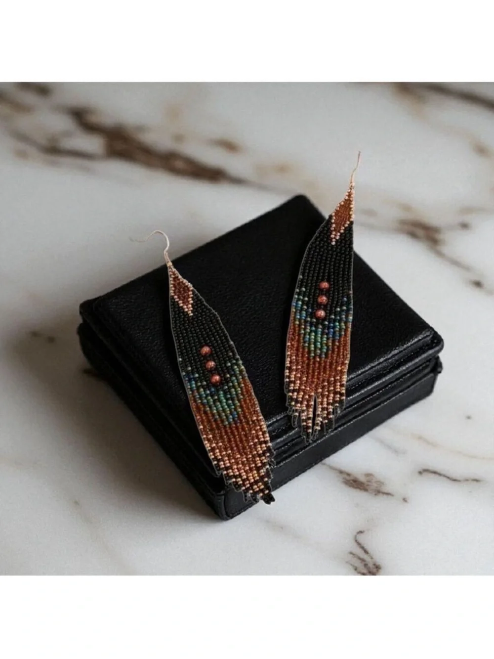 Handmade Black and Bronze Beaded Fringe Earrings